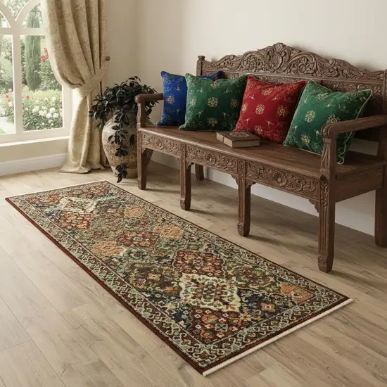 2' X 6' Red Rust Navy Light Blue Brown Orange Ivory And Gold Oriental Power Loom Stain Resistant Runner Rug With Fringe Photo 1