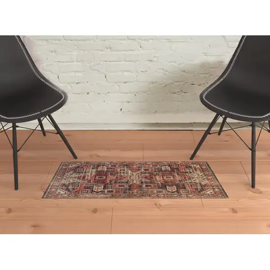 Red Tan And Black Abstract Power Loom Distressed Stain Resistant Area Rug Photo 2