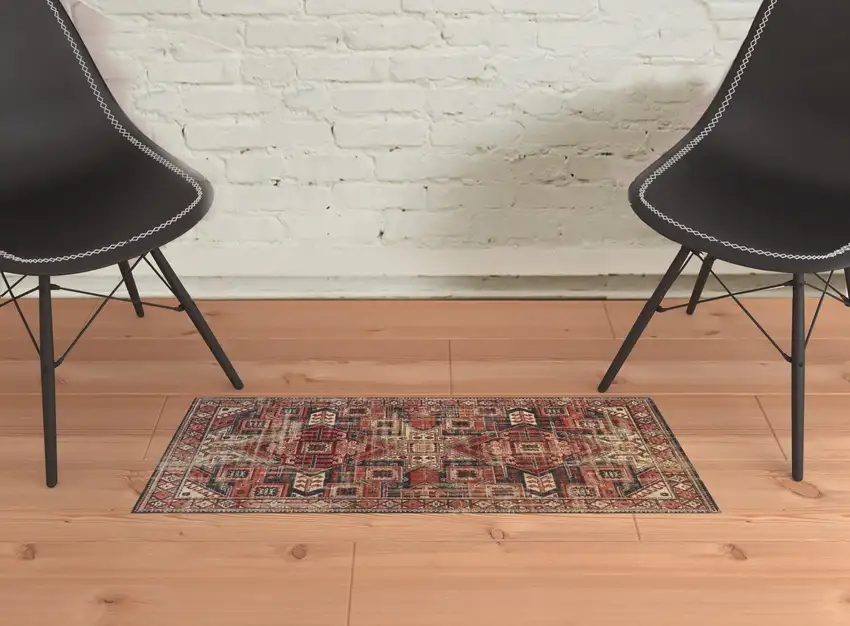 Red Tan And Black Abstract Power Loom Distressed Stain Resistant Area Rug Photo 2