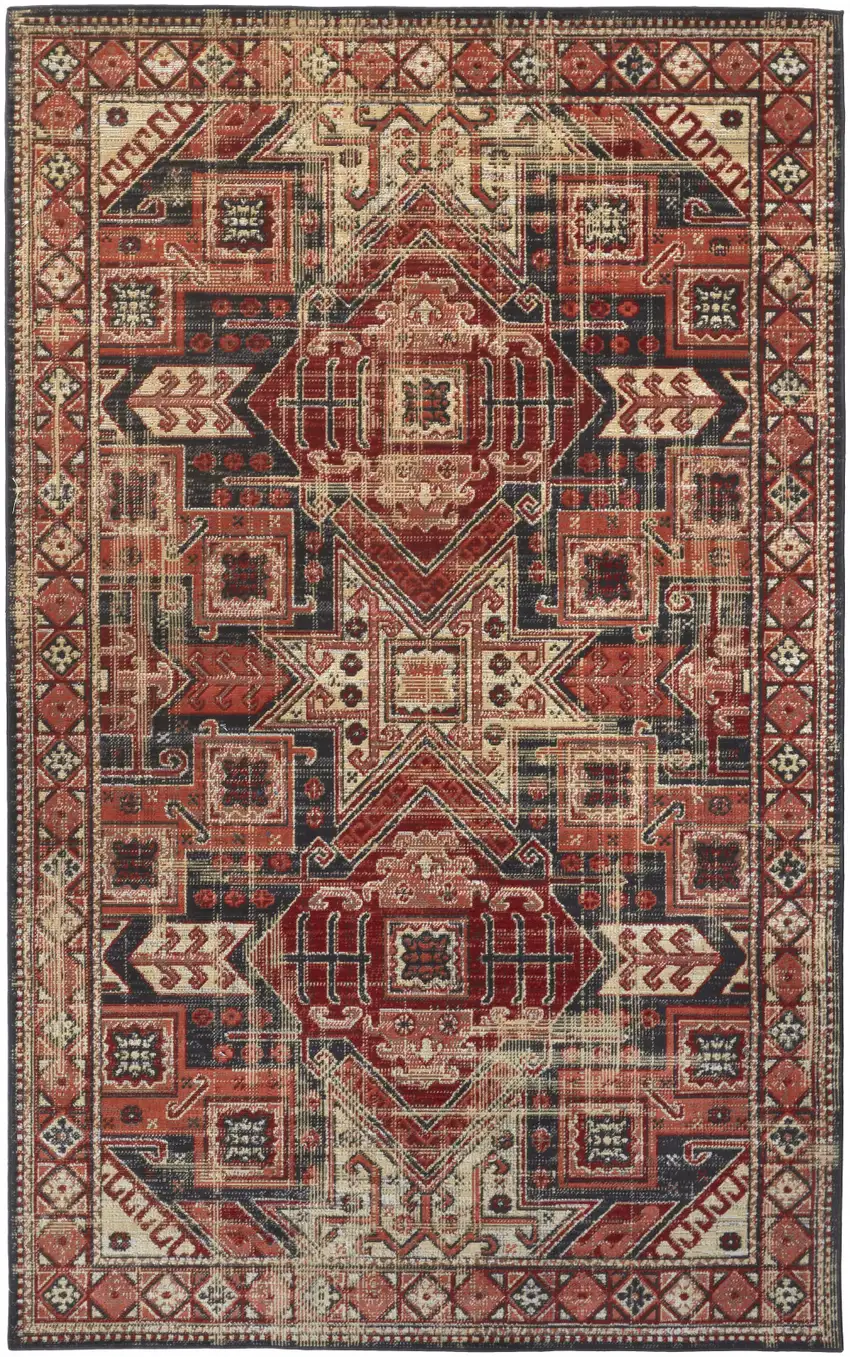 Red Tan And Black Abstract Power Loom Distressed Stain Resistant Area Rug Photo 1