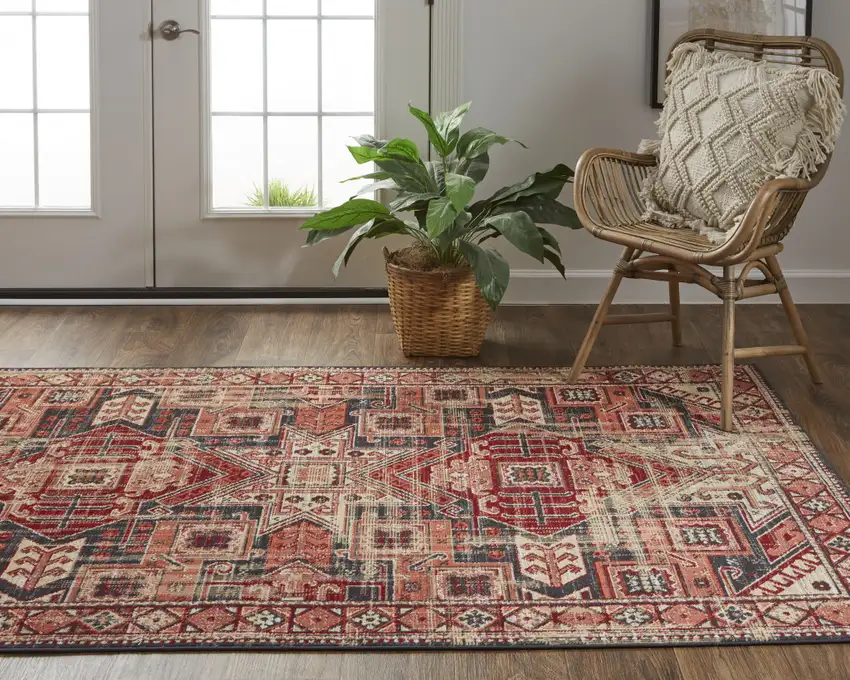 Red Tan And Black Abstract Power Loom Distressed Stain Resistant Area Rug Photo 9