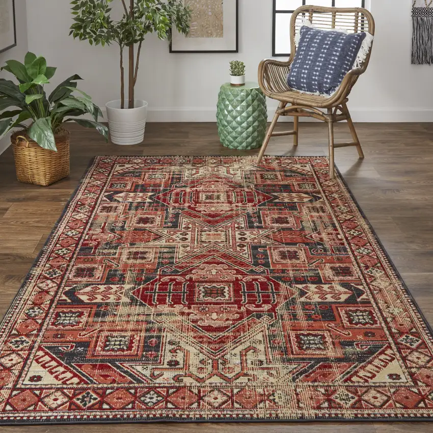 Red Tan And Black Abstract Power Loom Distressed Stain Resistant Area Rug Photo 8