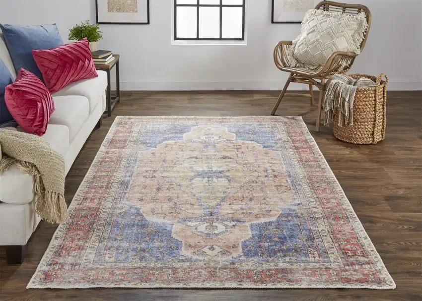 Red Tan And Blue Abstract Area Rug Photo 6