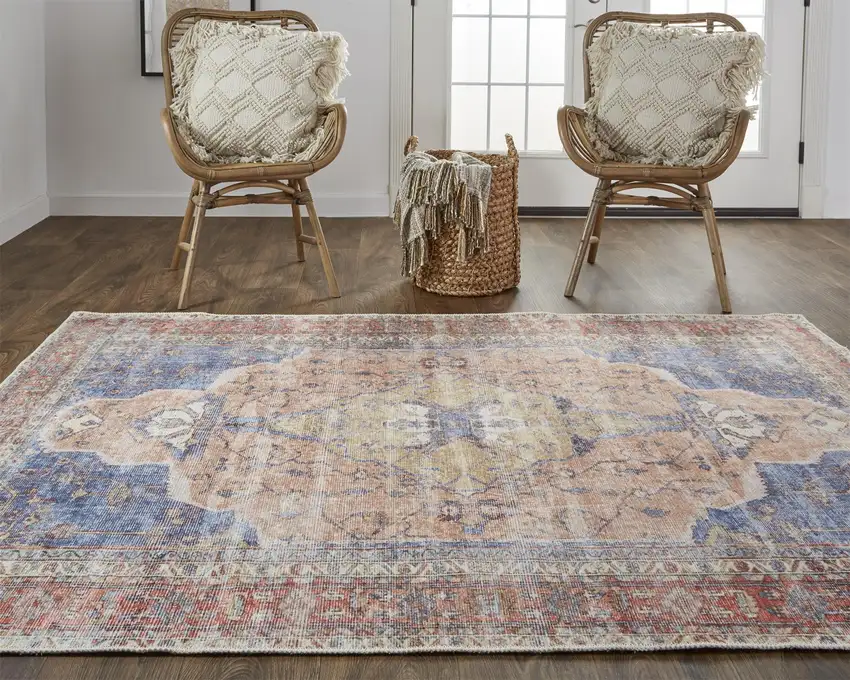 Red Tan And Blue Abstract Area Rug Photo 8