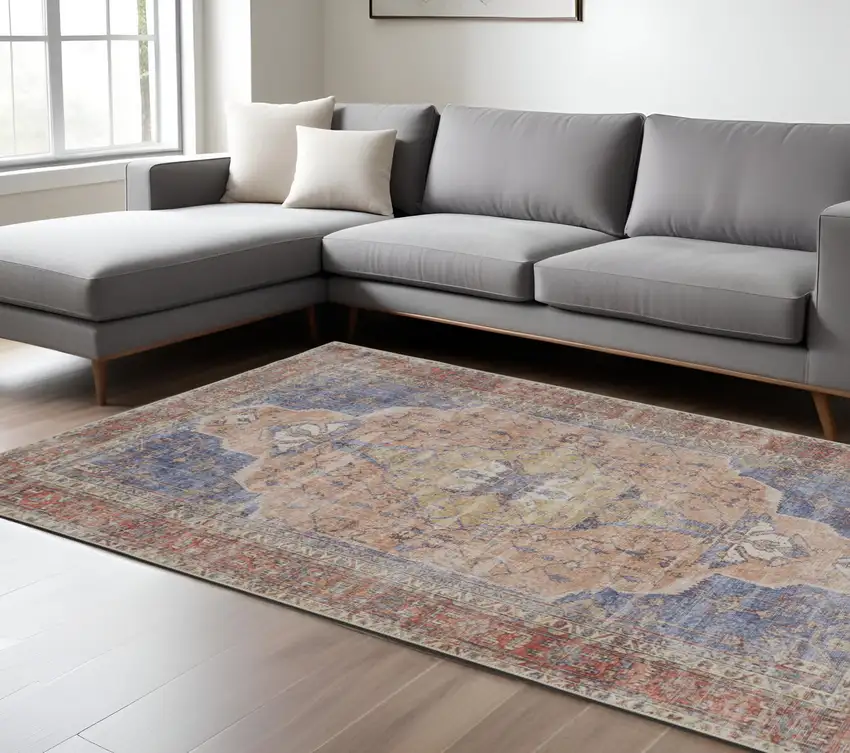 Tan and Blue Abstract Area Rug Photo 2