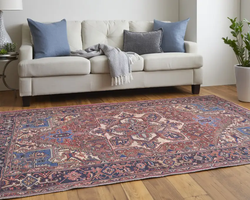 Red Tan And Blue Floral Power Loom Area Rug Photo 7
