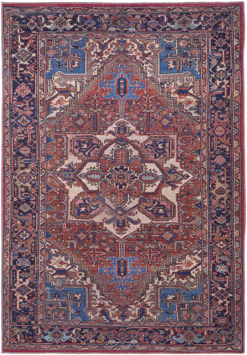 Red Tan And Blue Floral Power Loom Area Rug Photo 1