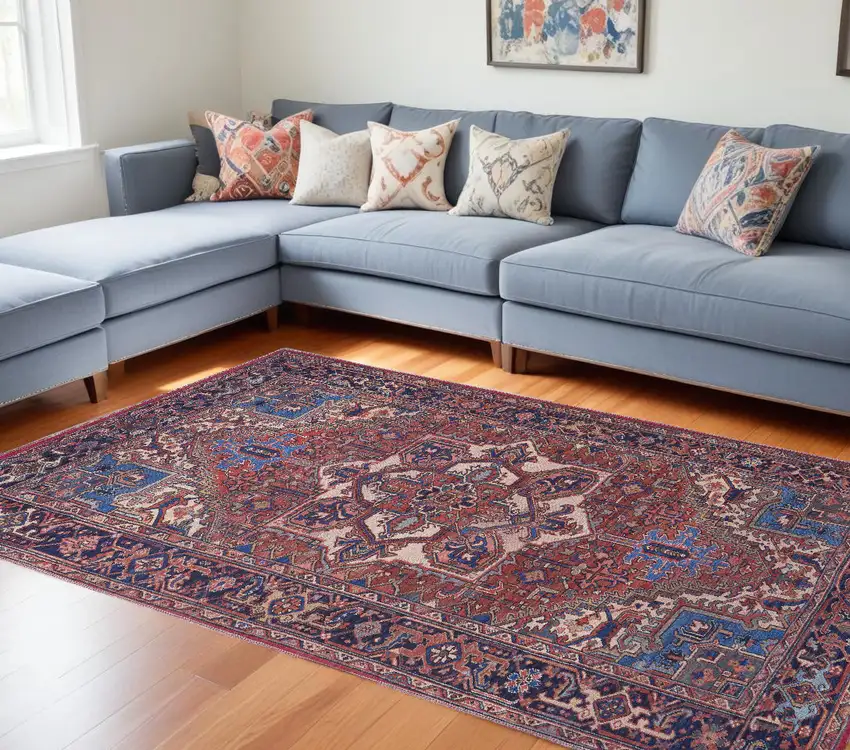 Red Tan And Blue Floral Power Loom Area Rug Photo 1