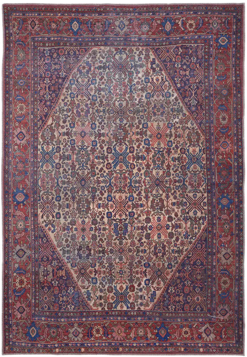 Red Tan And Blue Floral Power Loom Area Rug Photo 1