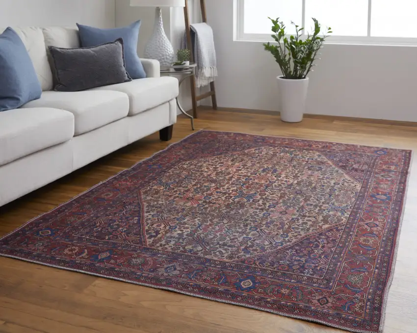 Red Tan And Blue Floral Power Loom Area Rug Photo 8