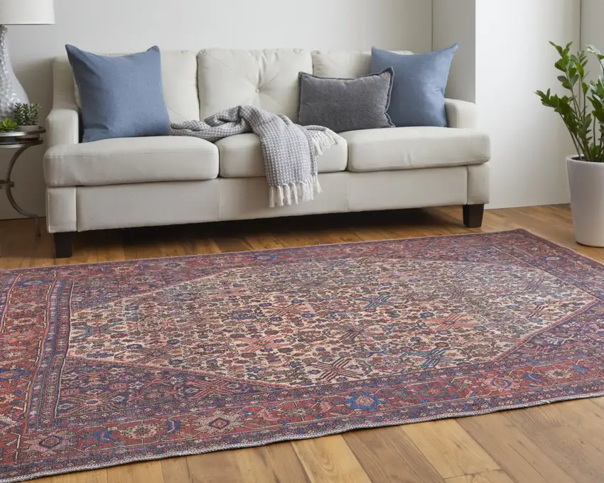 Red Tan And Blue Floral Power Loom Area Rug Photo 9