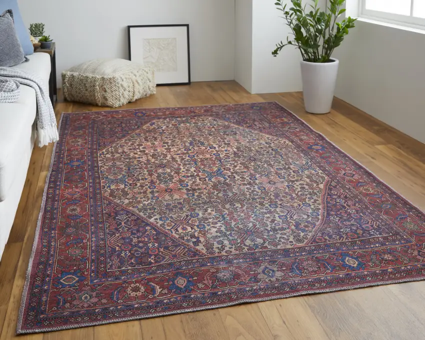 Red Tan And Blue Floral Power Loom Area Rug Photo 7