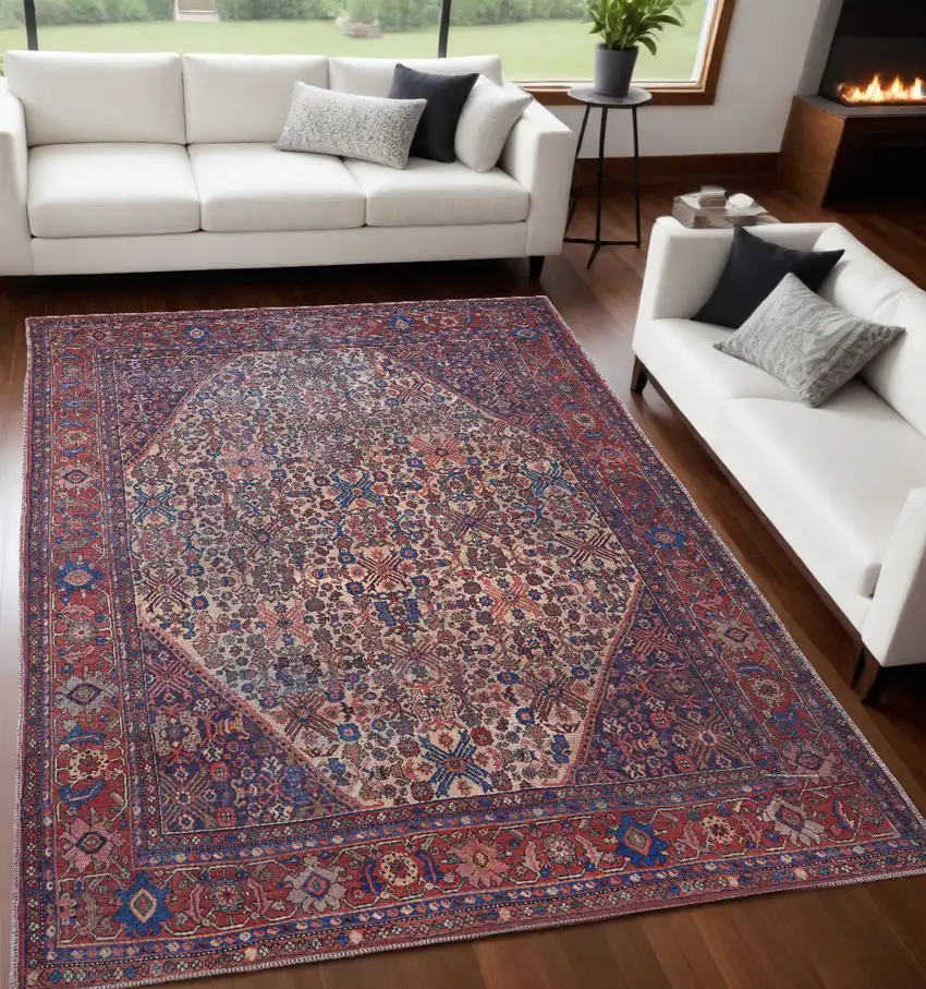 Red Tan And Blue Floral Power Loom Area Rug Photo 1