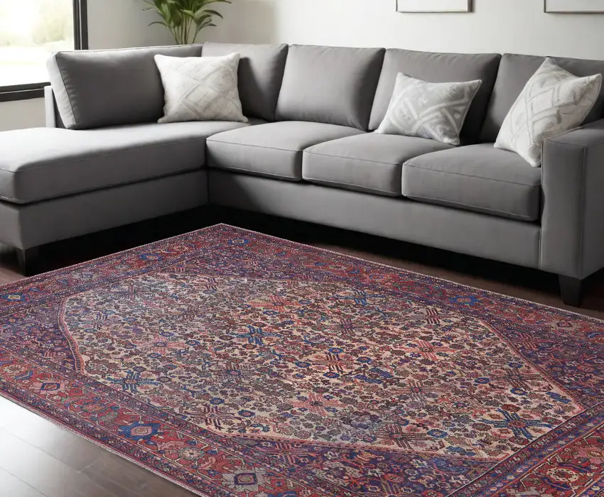 Red Tan And Blue Floral Power Loom Area Rug Photo 1