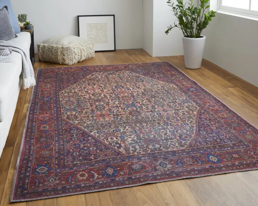 Red Tan And Blue Floral Power Loom Area Rug Photo 2