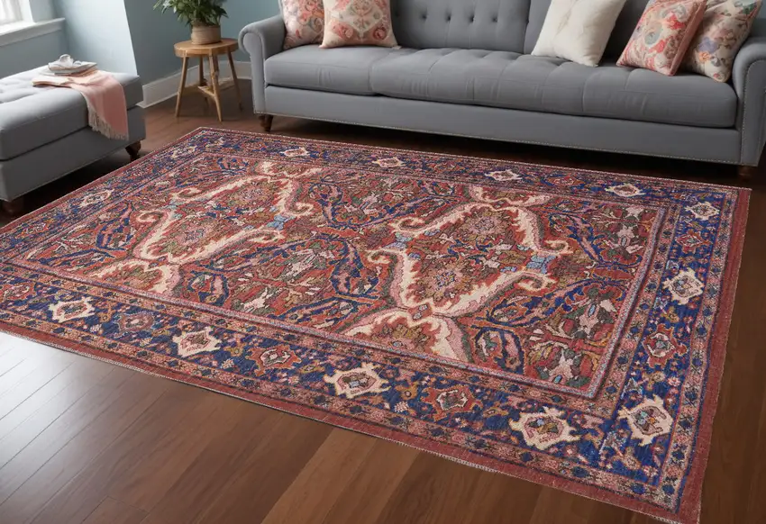 Red Tan And Blue Floral Power Loom Area Rug Photo 1