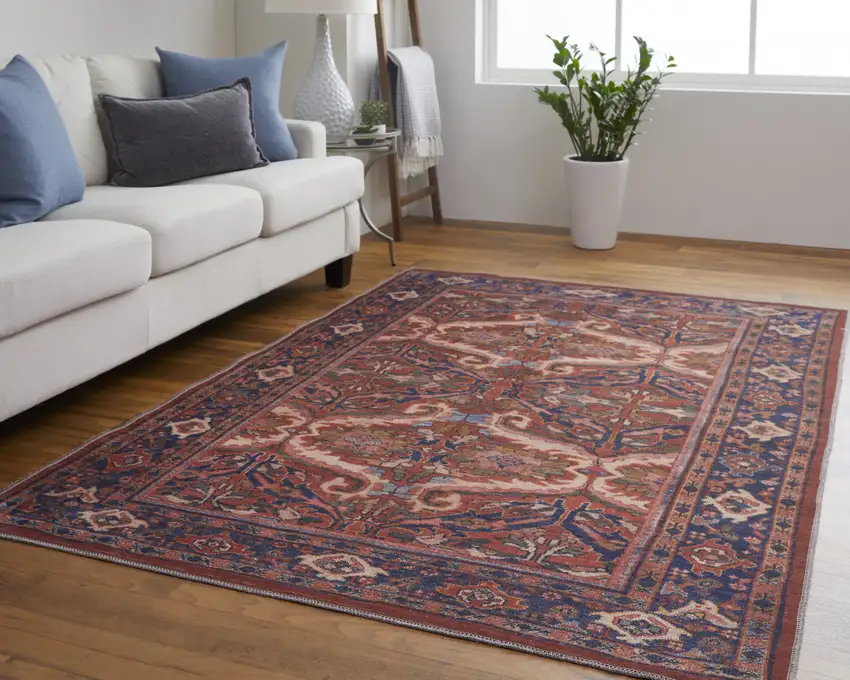 Red Tan And Blue Floral Power Loom Area Rug Photo 1