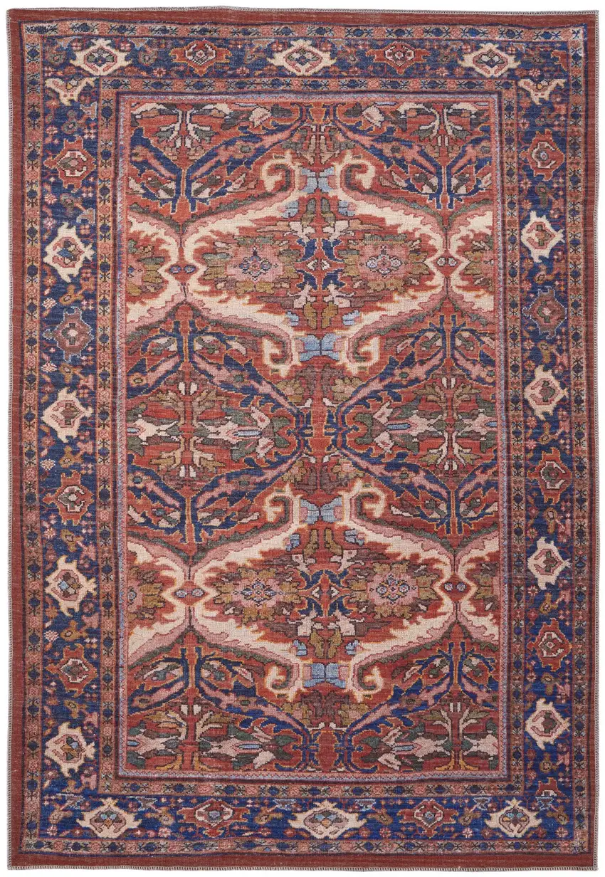 Red Tan And Blue Floral Power Loom Area Rug Photo 2