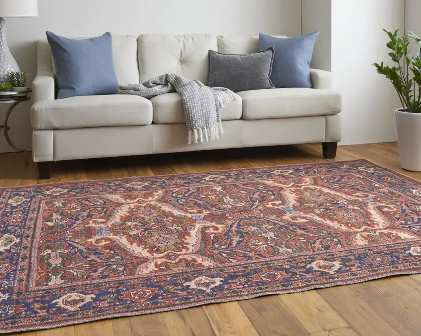 Red Tan And Blue Floral Power Loom Area Rug Photo 2