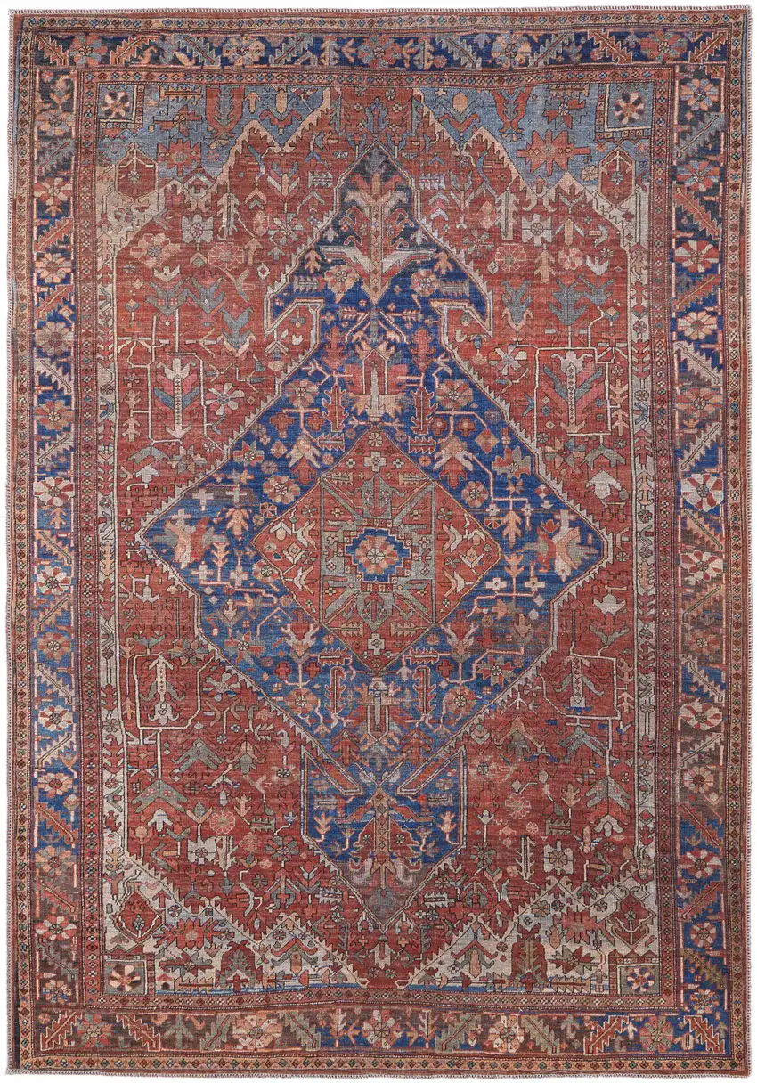 Red Tan And Blue Floral Power Loom Area Rug Photo 1