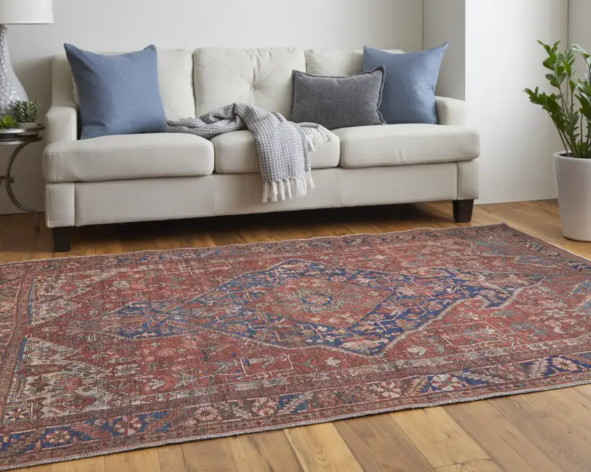 Red Tan And Blue Floral Power Loom Area Rug Photo 9
