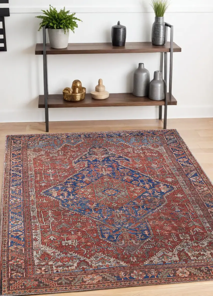 Red Tan And Blue Floral Power Loom Area Rug Photo 1