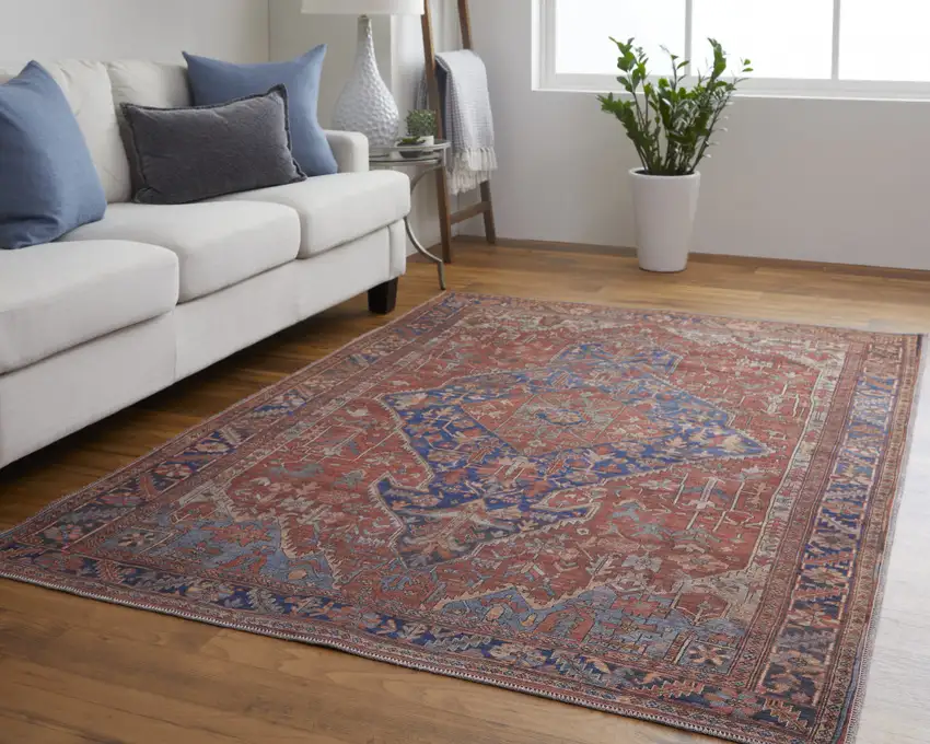 Red Tan And Blue Floral Power Loom Area Rug Photo 8