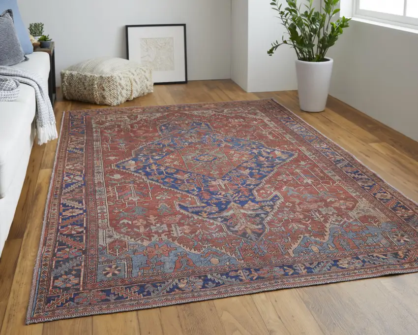 Red Tan And Blue Floral Power Loom Area Rug Photo 7
