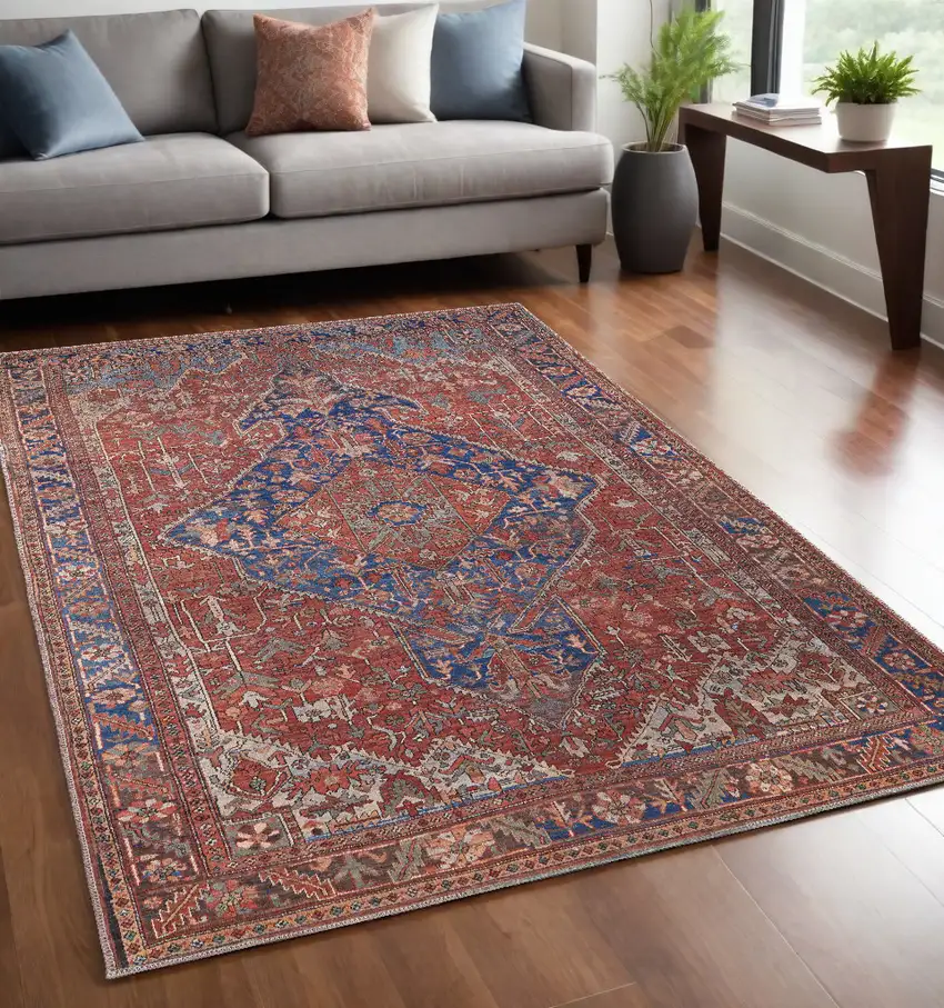 Red Tan And Blue Floral Power Loom Area Rug Photo 1