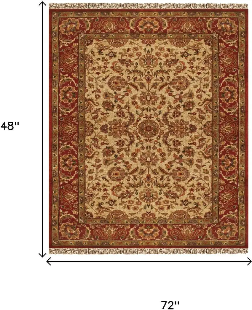 Red Tan And Brown Wool Oriental Hand Knotted Area Rug With Fringe Photo 5