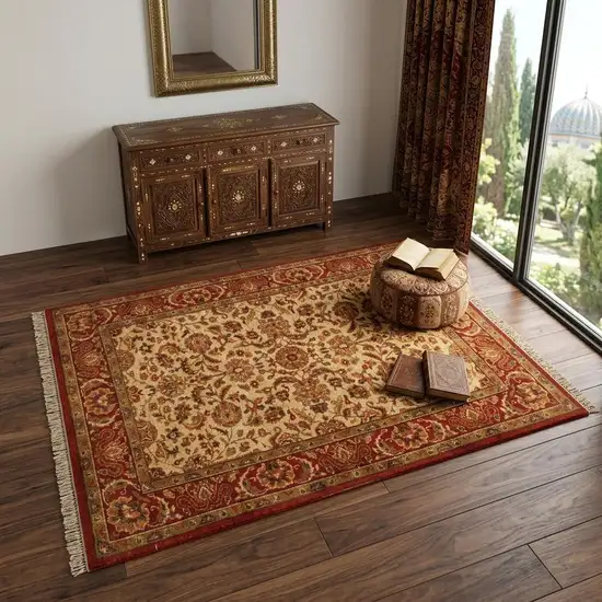 Red Tan And Brown Wool Oriental Hand Knotted Area Rug With Fringe Photo 1