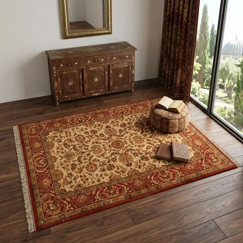 Red Tan And Brown Wool Oriental Hand Knotted Area Rug With Fringe Photo 1
