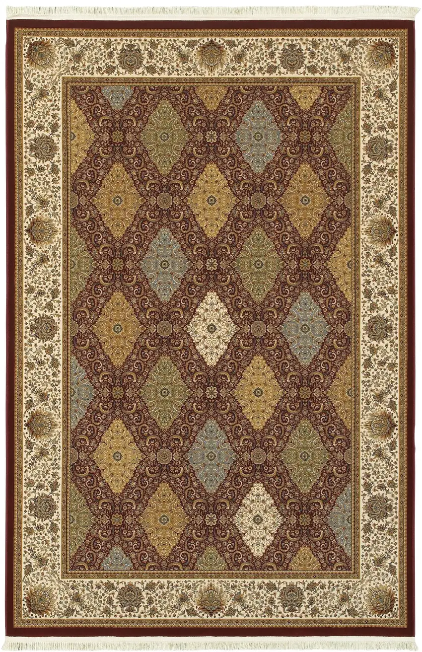 Red Tan And Ivory Oriental Area Rug With Fringe Photo 2