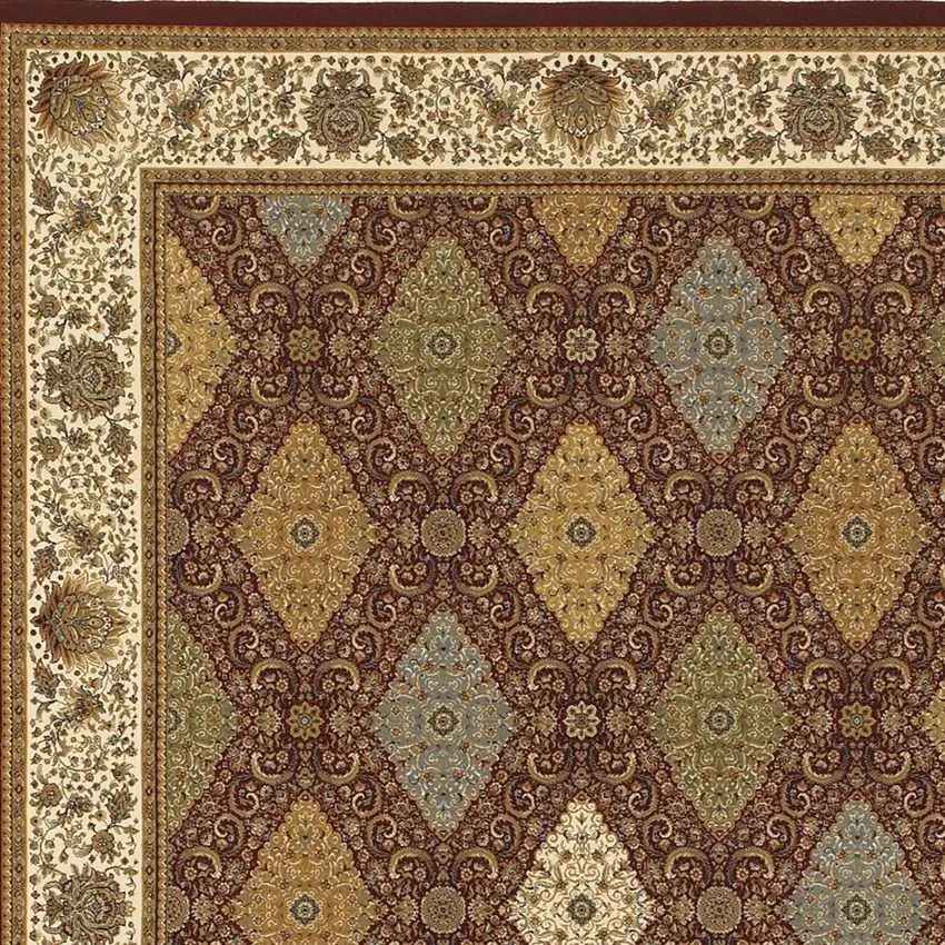 Red Tan And Ivory Oriental Area Rug With Fringe Photo 3