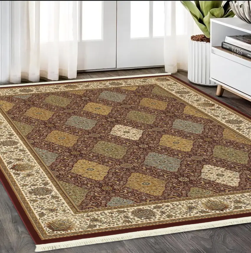 Red Tan And Ivory Oriental Area Rug With Fringe Photo 1