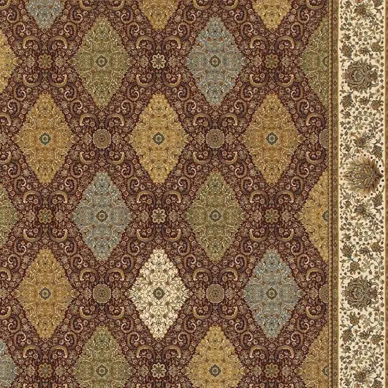 Red Tan And Ivory Oriental Area Rug With Fringe Photo 3