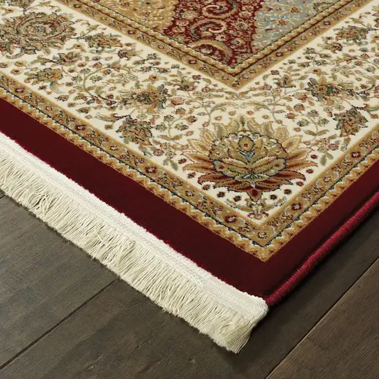 Red Tan And Ivory Oriental Area Rug With Fringe Photo 5