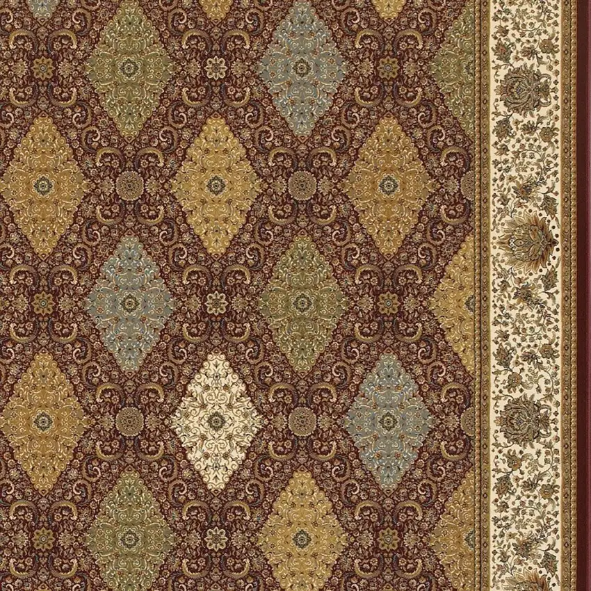 Red Tan And Ivory Oriental Area Rug With Fringe Photo 3