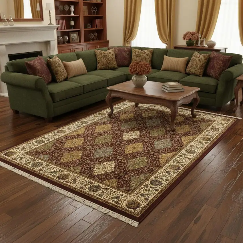 Red Tan And Ivory Oriental Area Rug With Fringe Photo 1