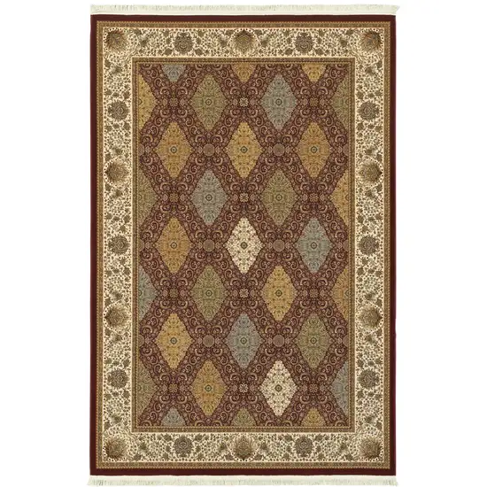 Red Tan And Ivory Oriental Area Rug With Fringe Photo 2