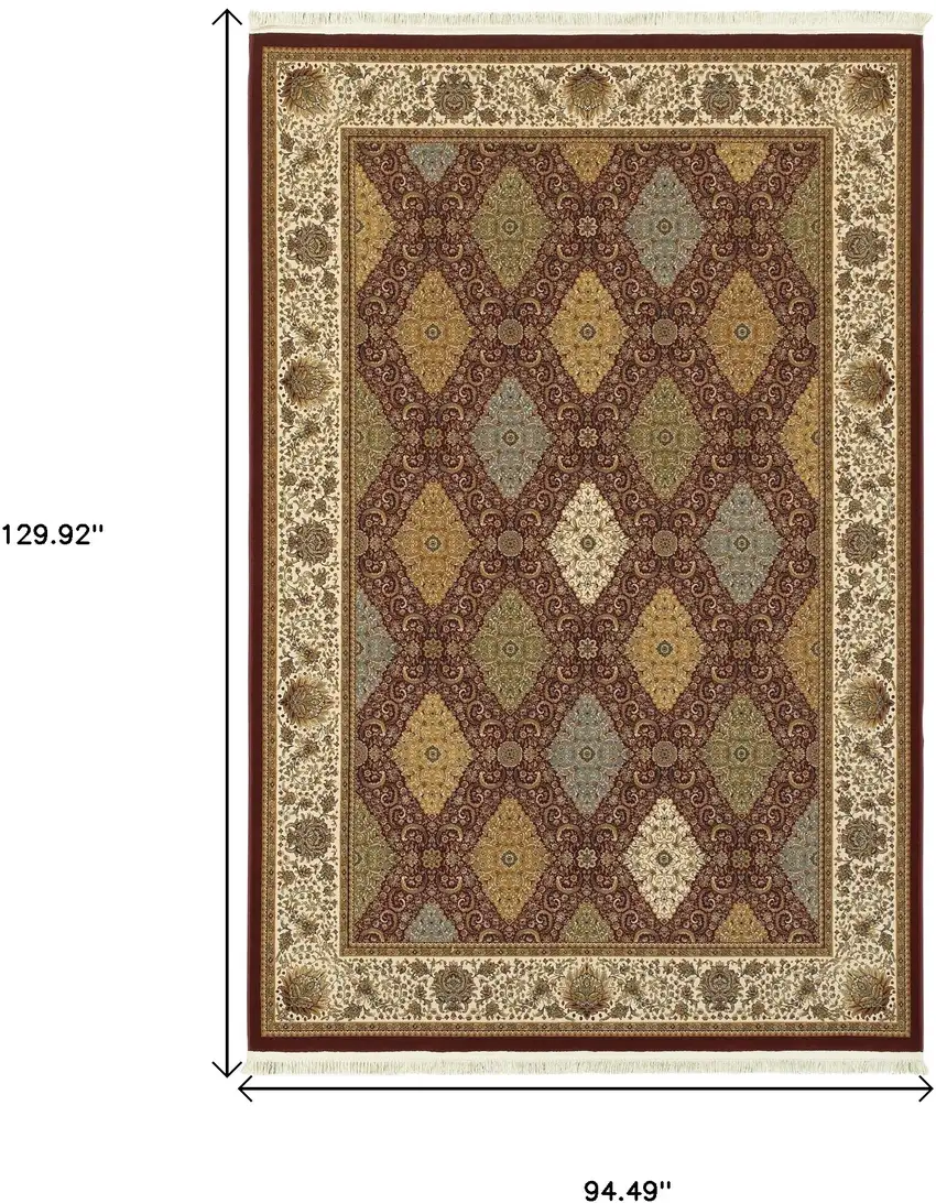 Red Tan And Ivory Oriental Area Rug With Fringe Photo 7