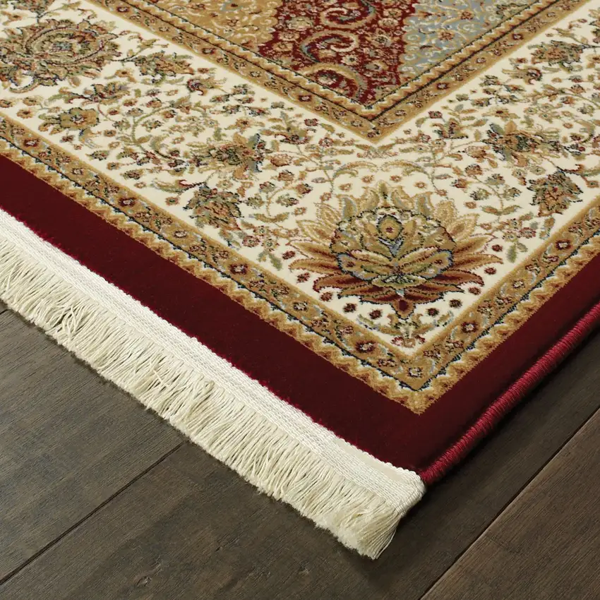 Red Tan And Ivory Oriental Area Rug With Fringe Photo 5