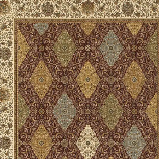 Red Tan And Ivory Oriental Area Rug With Fringe Photo 3