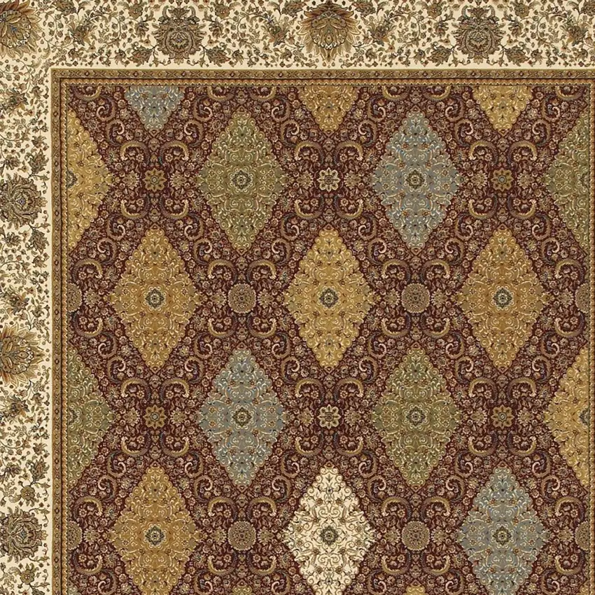 Red Tan And Ivory Oriental Area Rug With Fringe Photo 3