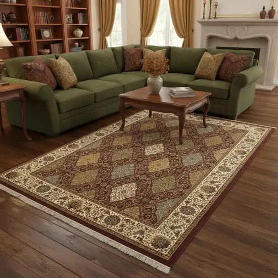 Red Tan And Ivory Oriental Area Rug With Fringe Photo 1