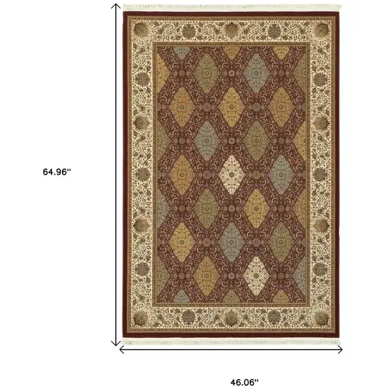 Red Tan And Ivory Oriental Area Rug With Fringe Photo 3