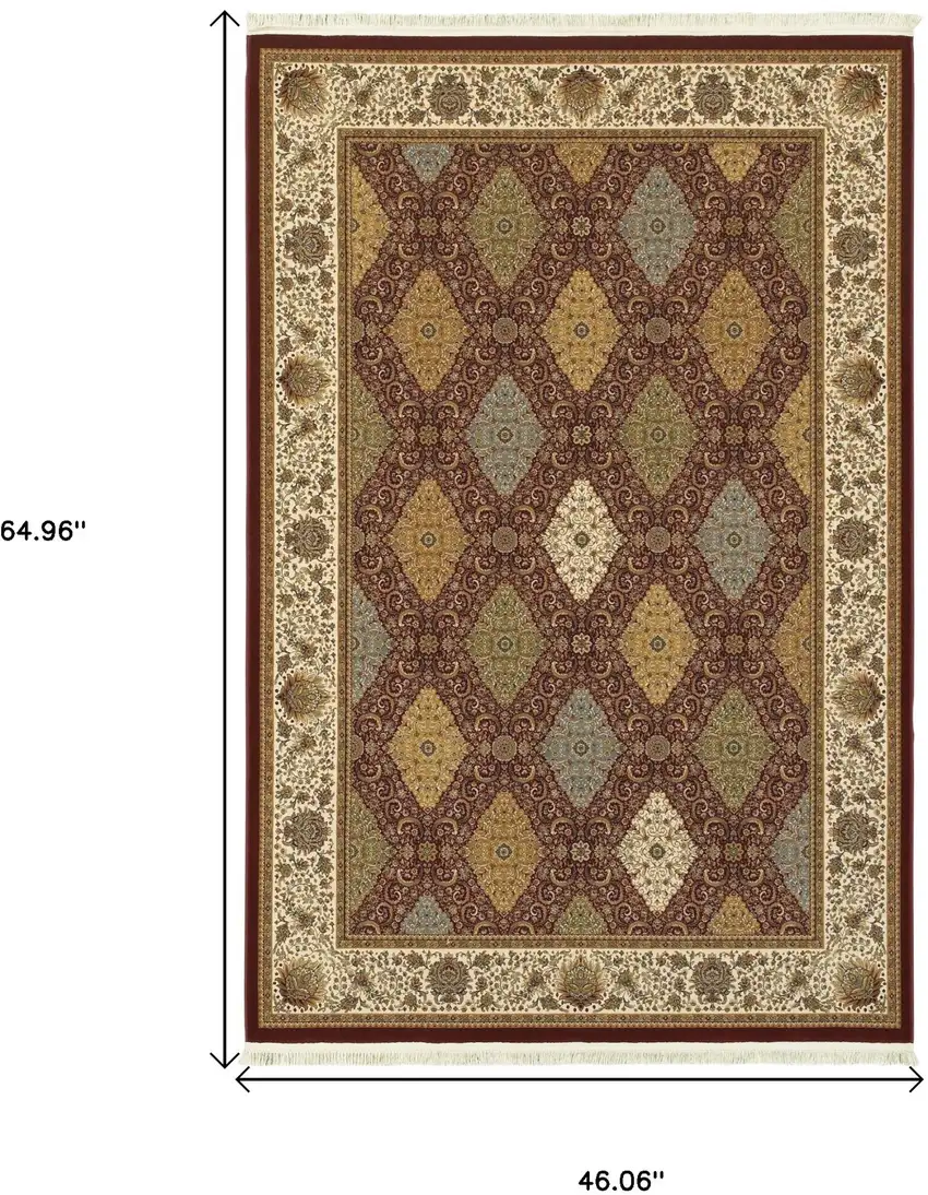 Red Tan And Ivory Oriental Area Rug With Fringe Photo 3