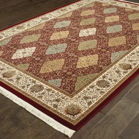 Red Tan And Ivory Oriental Area Rug With Fringe Photo 7
