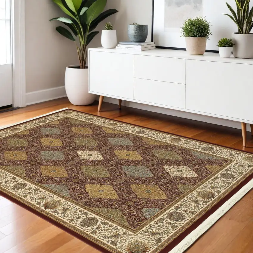Red Tan And Ivory Oriental Area Rug With Fringe Photo 1