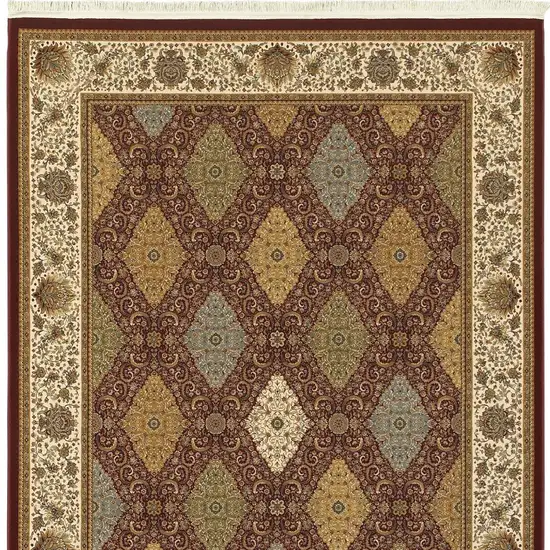 Red Tan And Ivory Oriental Area Rug With Fringe Photo 5